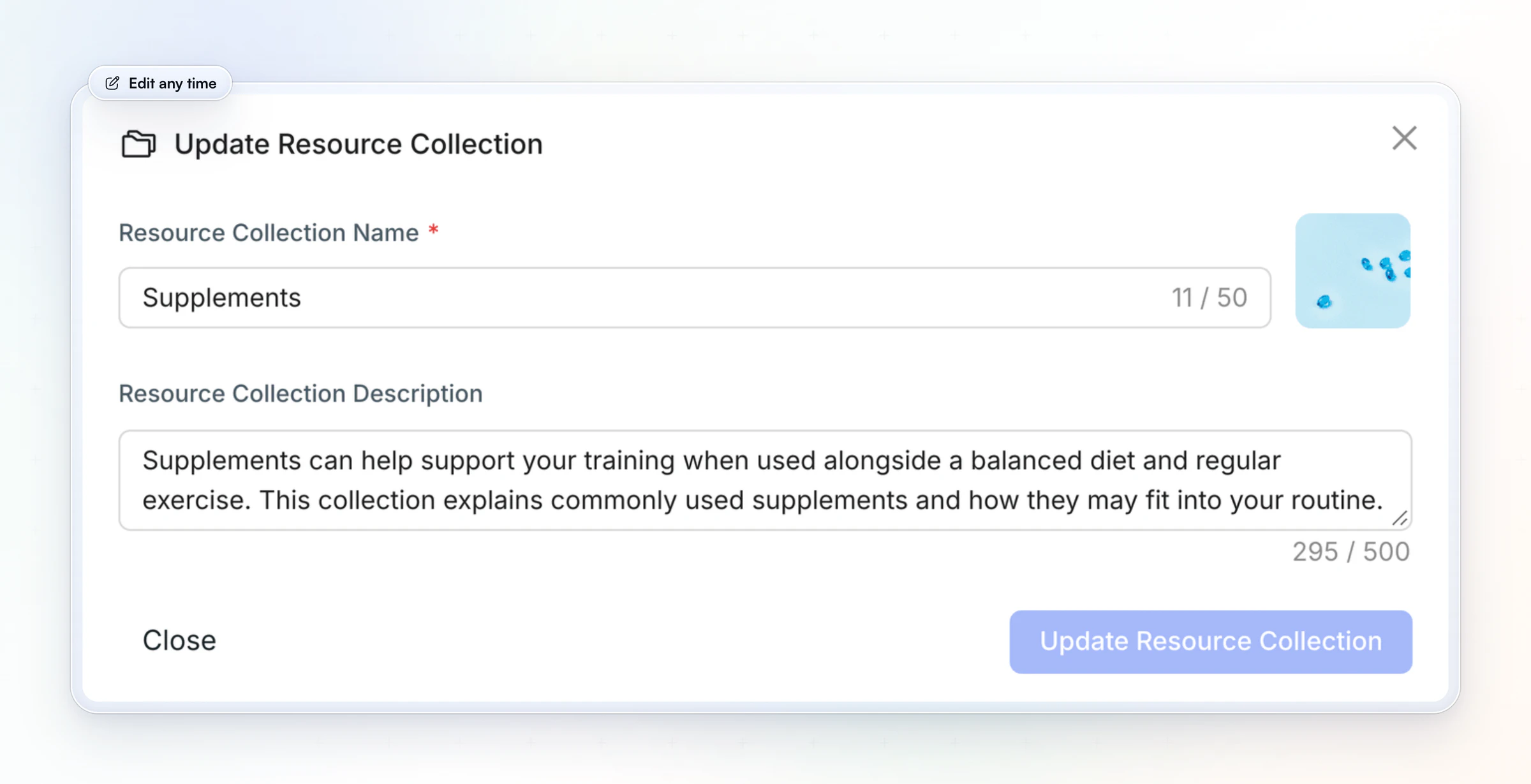 The Update Resource Collection window in HubFit's web app: the collection's name, Supplements, a short description of what it covers and its cover image, with an Update Resource Collection button