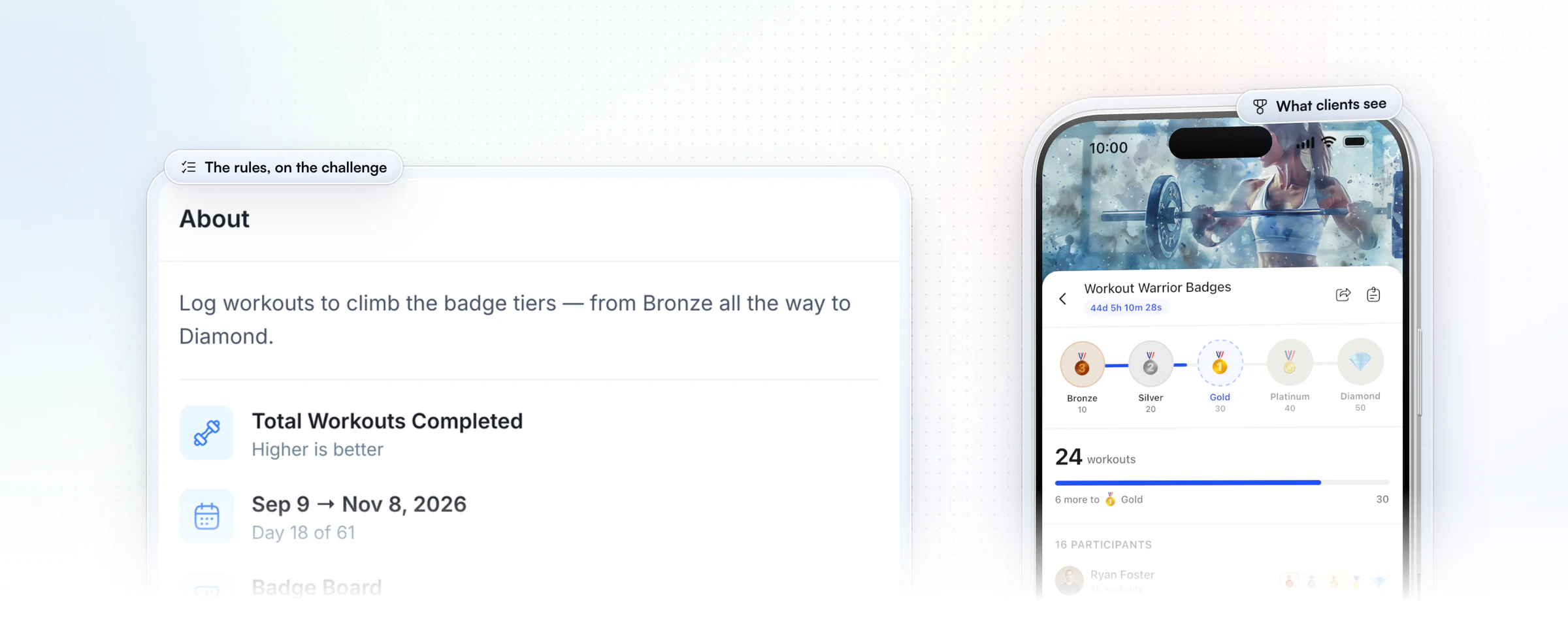A milestone challenge in HubFit: its About panel with the rule, log workouts to climb the badge tiers from Bronze to Diamond, the metric, Total Workouts Completed, and the dates, beside the client's challenge screen with the badge tiers and leaderboard