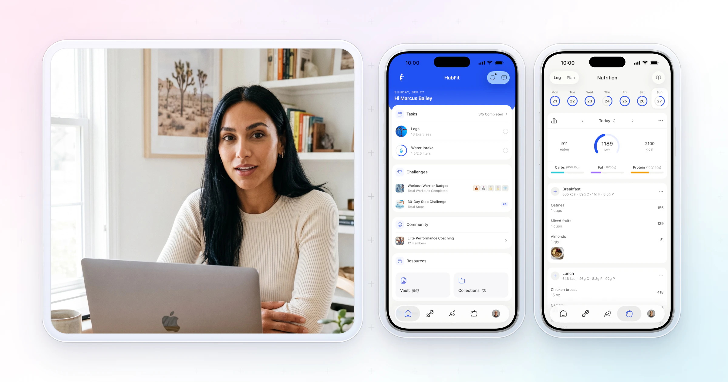An online fitness coach working at her laptop in a bright home office, beside two iPhones running the HubFit client app: the client home screen with today's tasks and challenges, and the nutrition screen