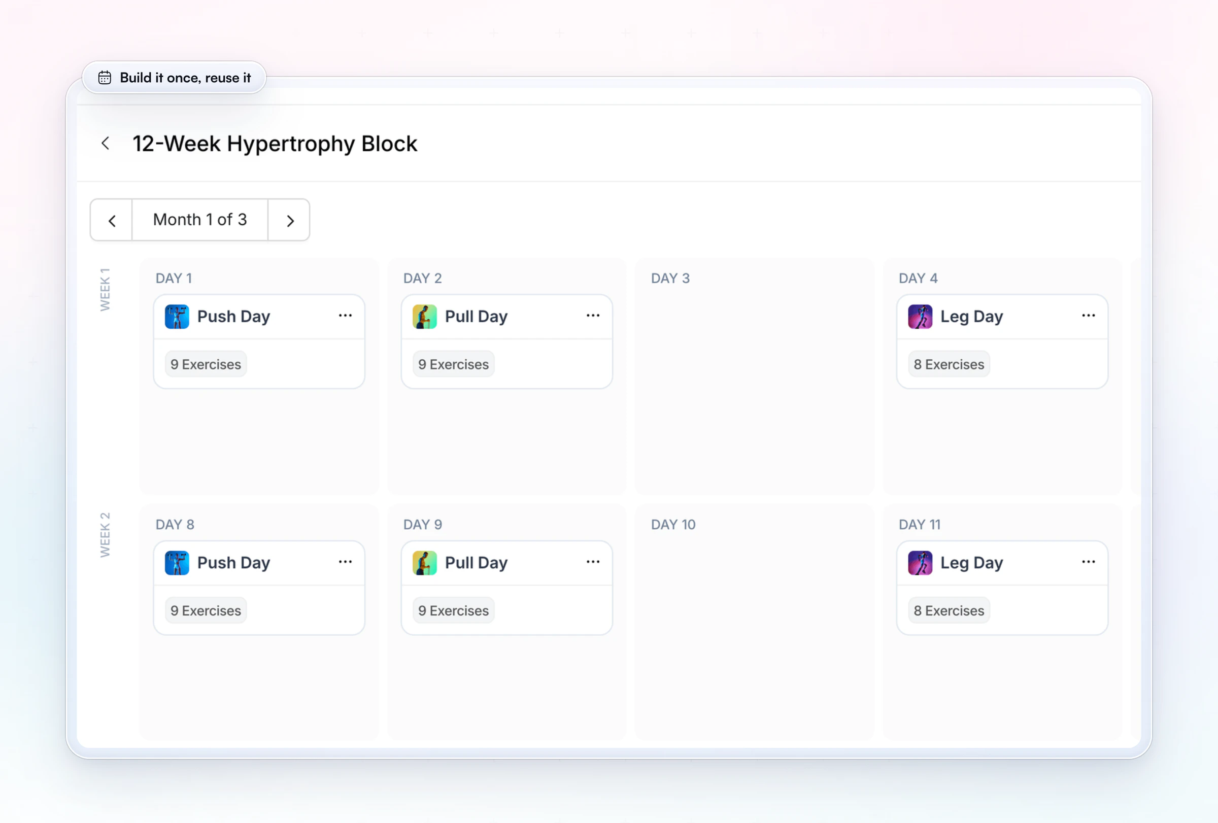 The HubFit program builder on the web: a 12-Week Hypertrophy Block laid out by day, with Push Day, Pull Day, Leg Day and Arms sessions across the first two weeks and the number of exercises in each