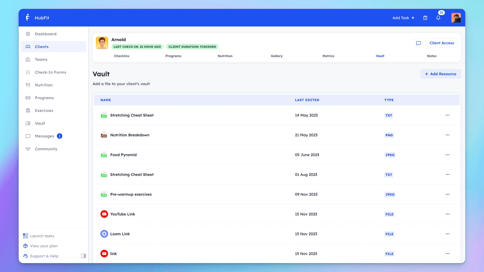 Hubfit client vault