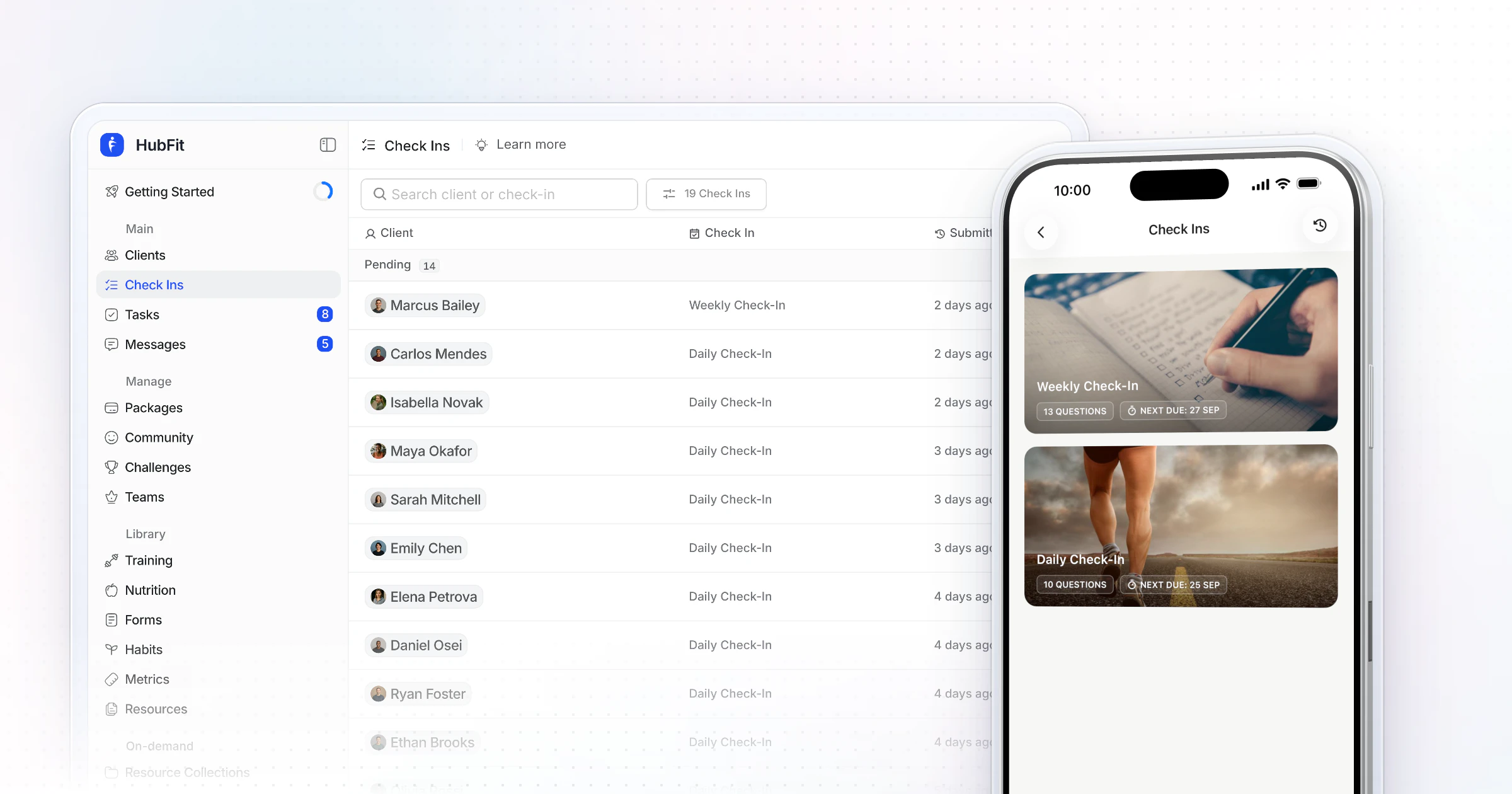 HubFit's check-ins page on the web, with clients' check-ins waiting for review, beside an iPhone showing the client's check-ins to fill in