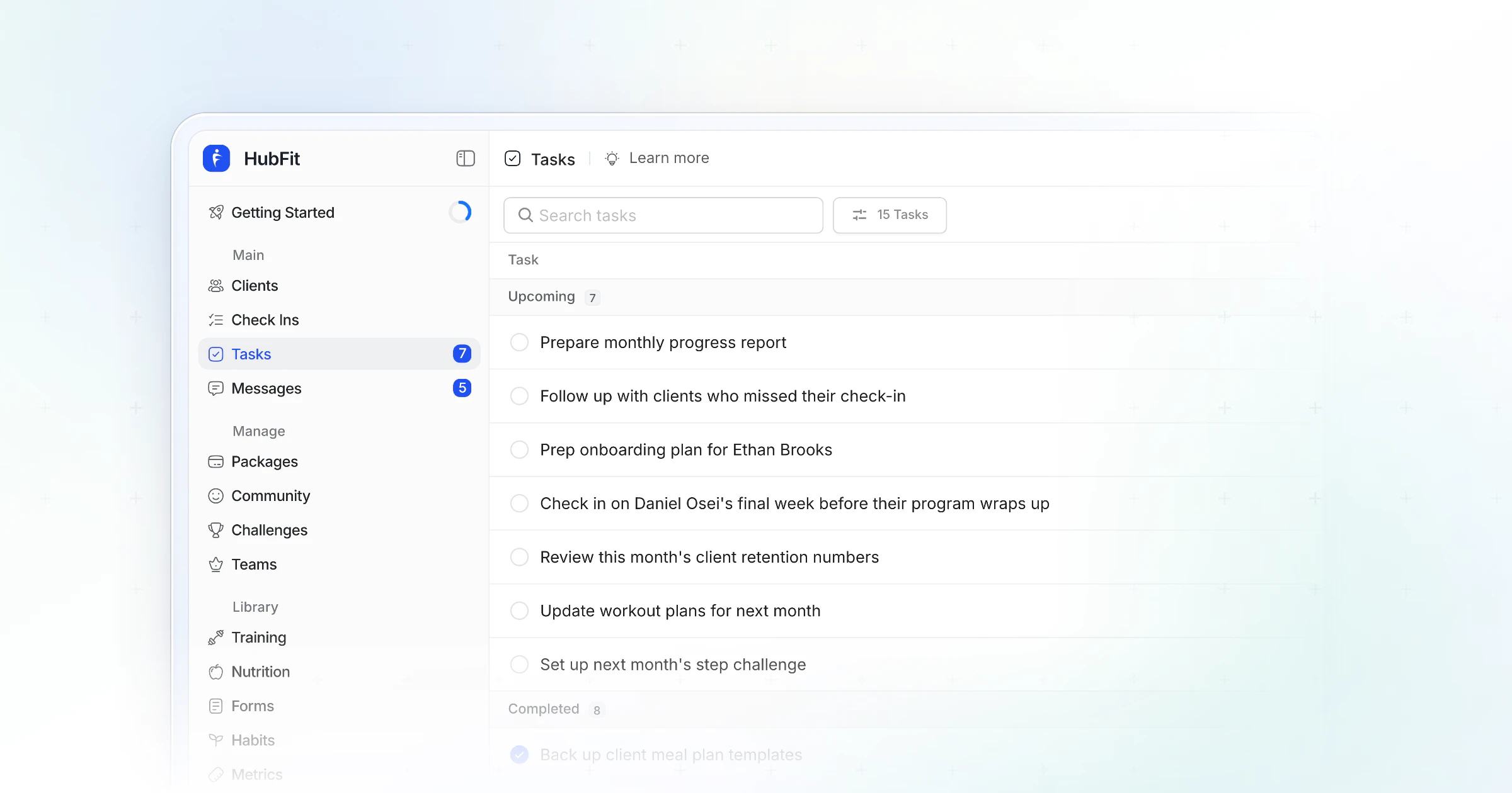 HubFit's tasks page on the web: a coach's to-dos for the week in one list