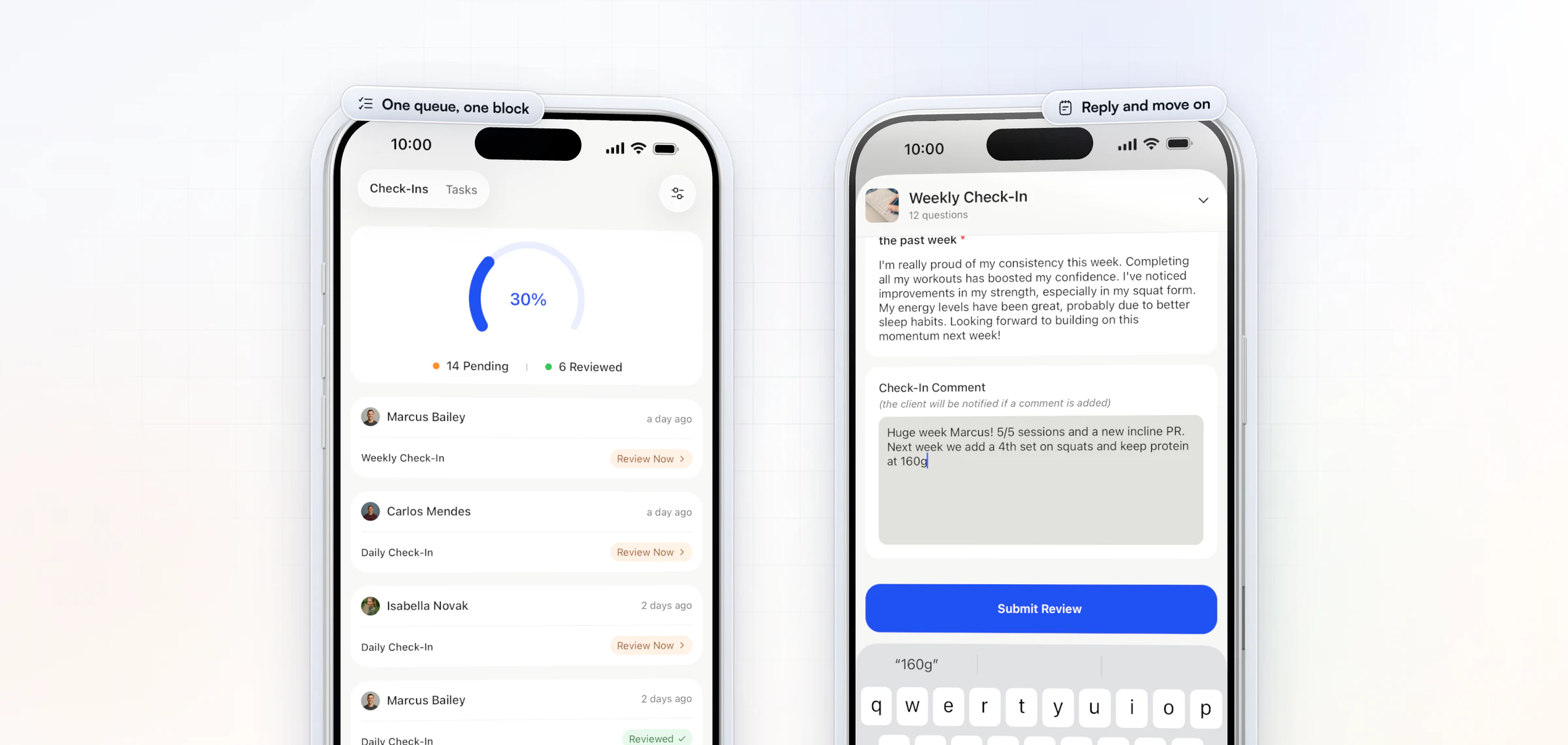 HubFit's coach app on two iPhones: the Check-Ins tab with 14 pending and 6 reviewed this week and each client's check-in marked Review Now, beside a weekly check-in open for review with the coach's comment typed in above Submit Review
