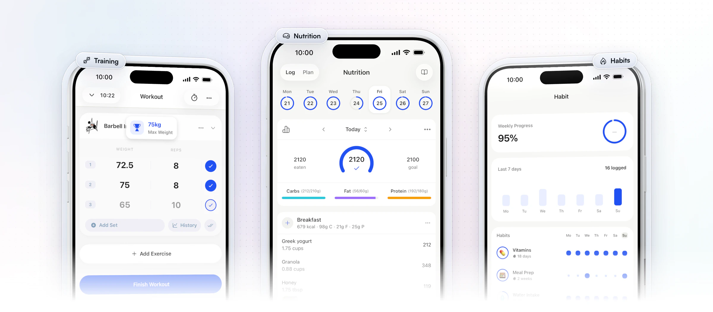 Three screens from the client app: a new 75 kg max-weight PR on the barbell incline bench press mid-workout, the day's food log at 2,120 of 2,100 calories with carbs, fat and protein, and the client's daily habits with their weekly progress and streaks