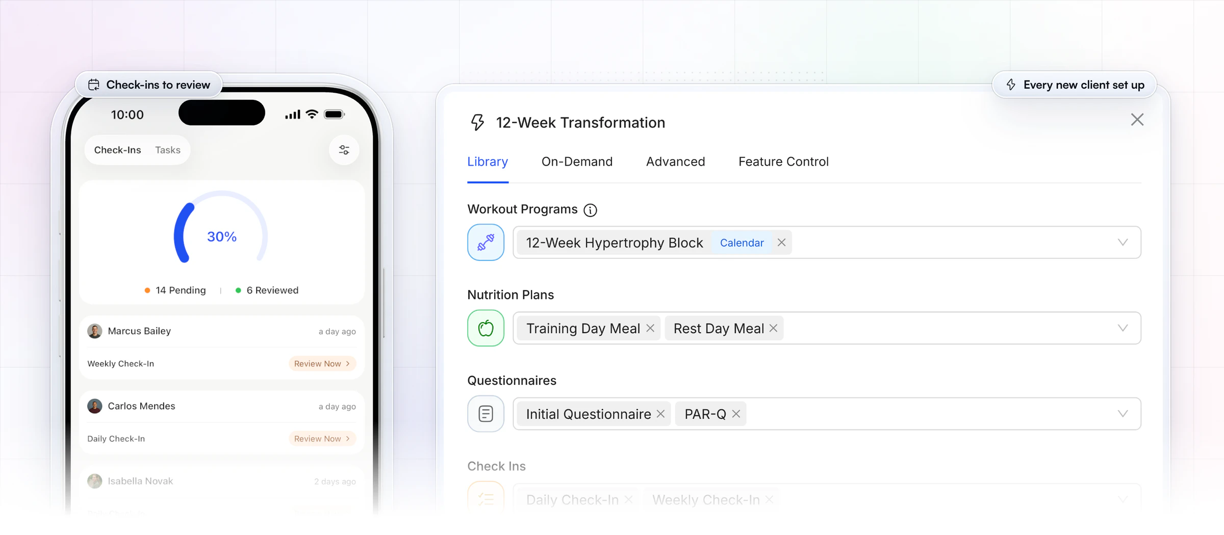 The coach's side of HubFit: the check-ins inbox in the coach app with 14 pending and 6 reviewed, beside a 12-Week Transformation onboarding flow on the web that gives each new client a workout program, training and rest day meal plans, questionnaires, daily and weekly check-ins and habits