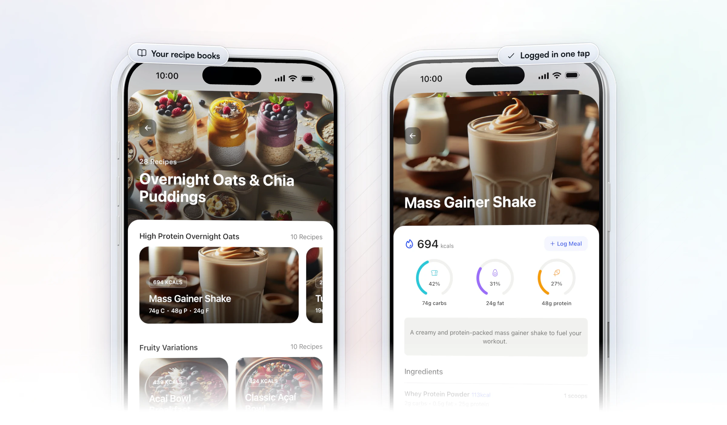 Two iPhones with HubFit's client app: a recipe book, Overnight Oats & Chia Puddings, with recipe cards and their macros, and the Mass Gainer Shake recipe at 694 calories with its carbs, fat and protein rings, ingredients and a Log Meal button