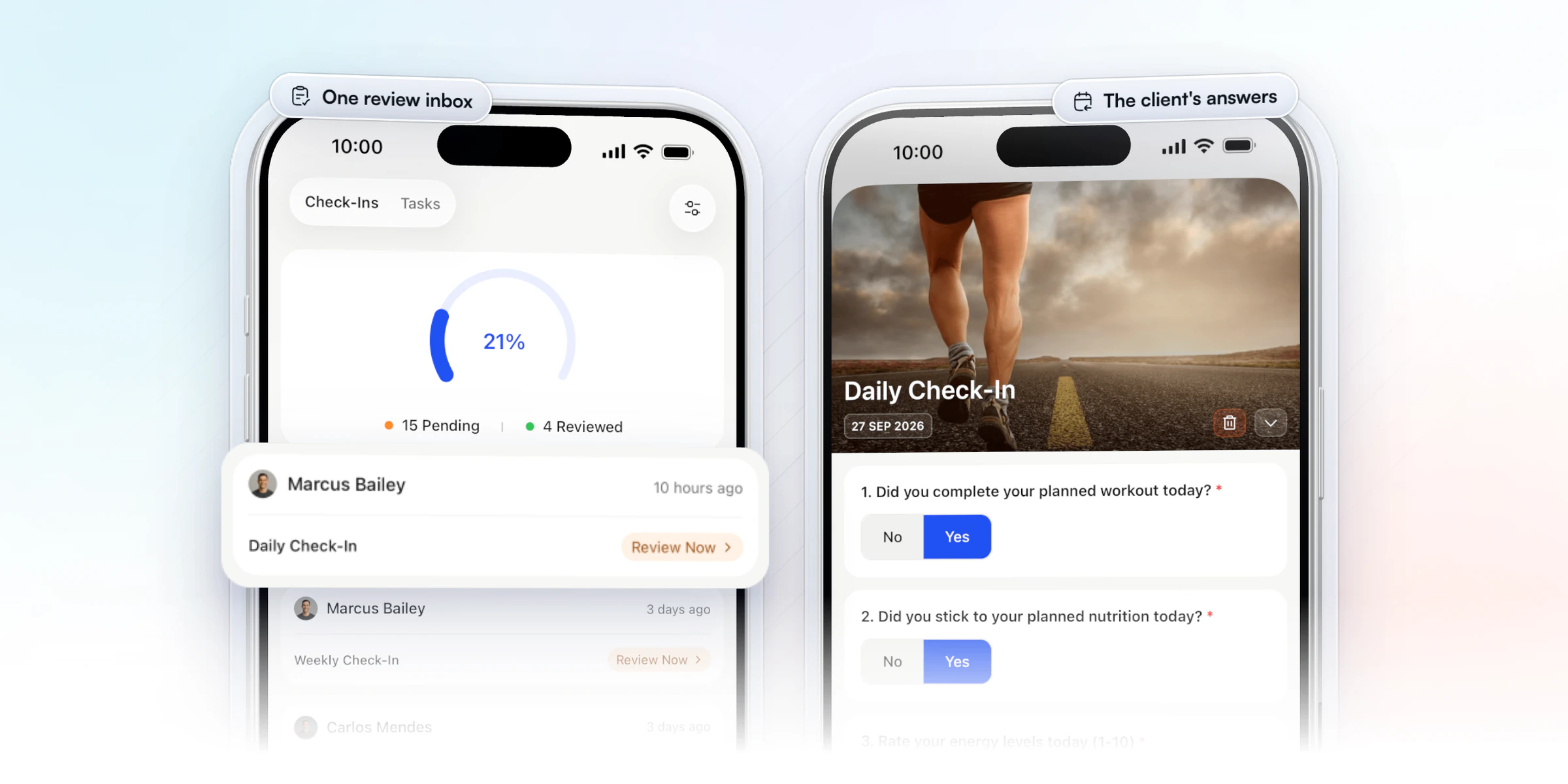 Two iPhones: the coach's check-in inbox in the HubFit coach app, 15 pending and 4 reviewed, with Marcus Bailey's daily check-in lifted out beside Review Now, and the client's submitted daily check-in with his answers