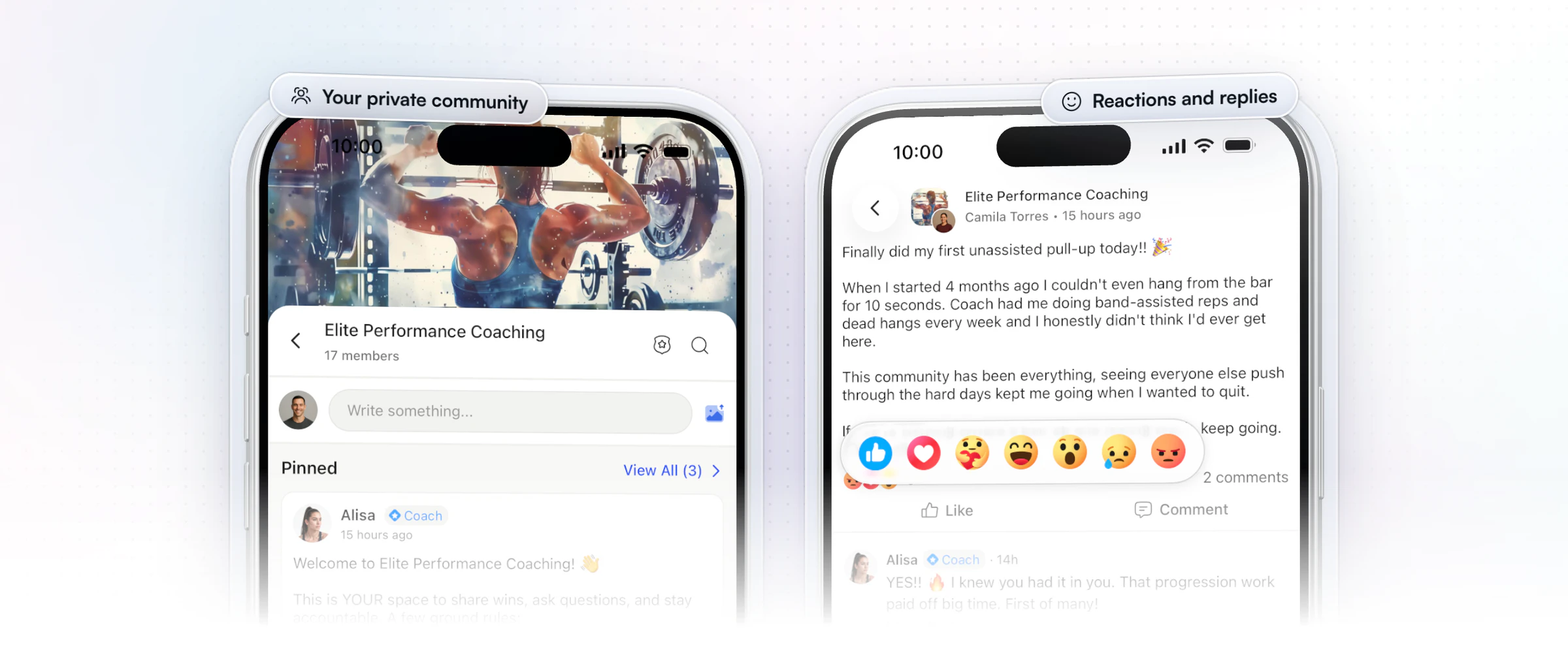 Two iPhones in the HubFit client app: the Elite Performance Coaching community feed with the coach's pinned welcome post, and a client's post about her first unassisted pull-up with the reaction picker open and the coach's reply
