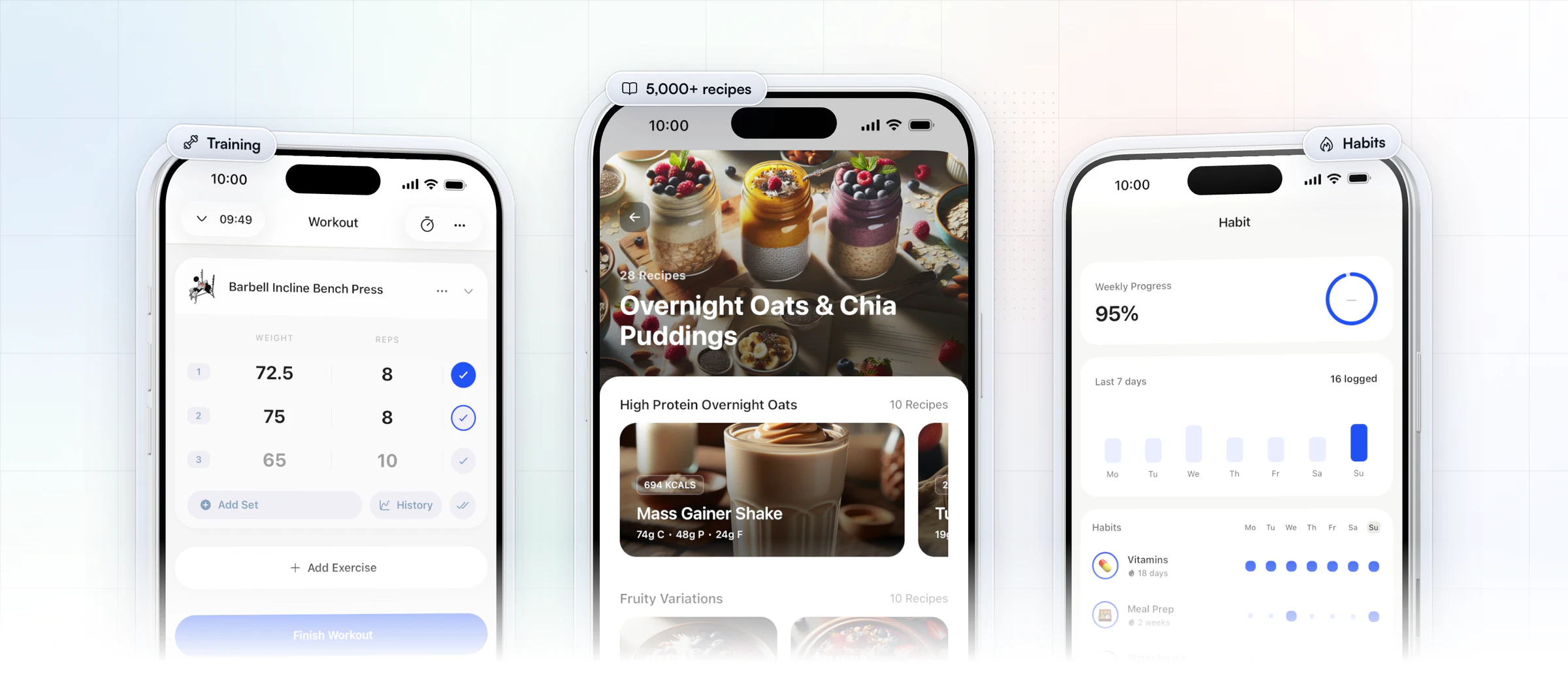 Three iPhones in the HubFit client app: a Barbell Incline Bench Press logged set by set, a recipe book of overnight oats with photos and macros, and the client's daily habits with 95% weekly progress