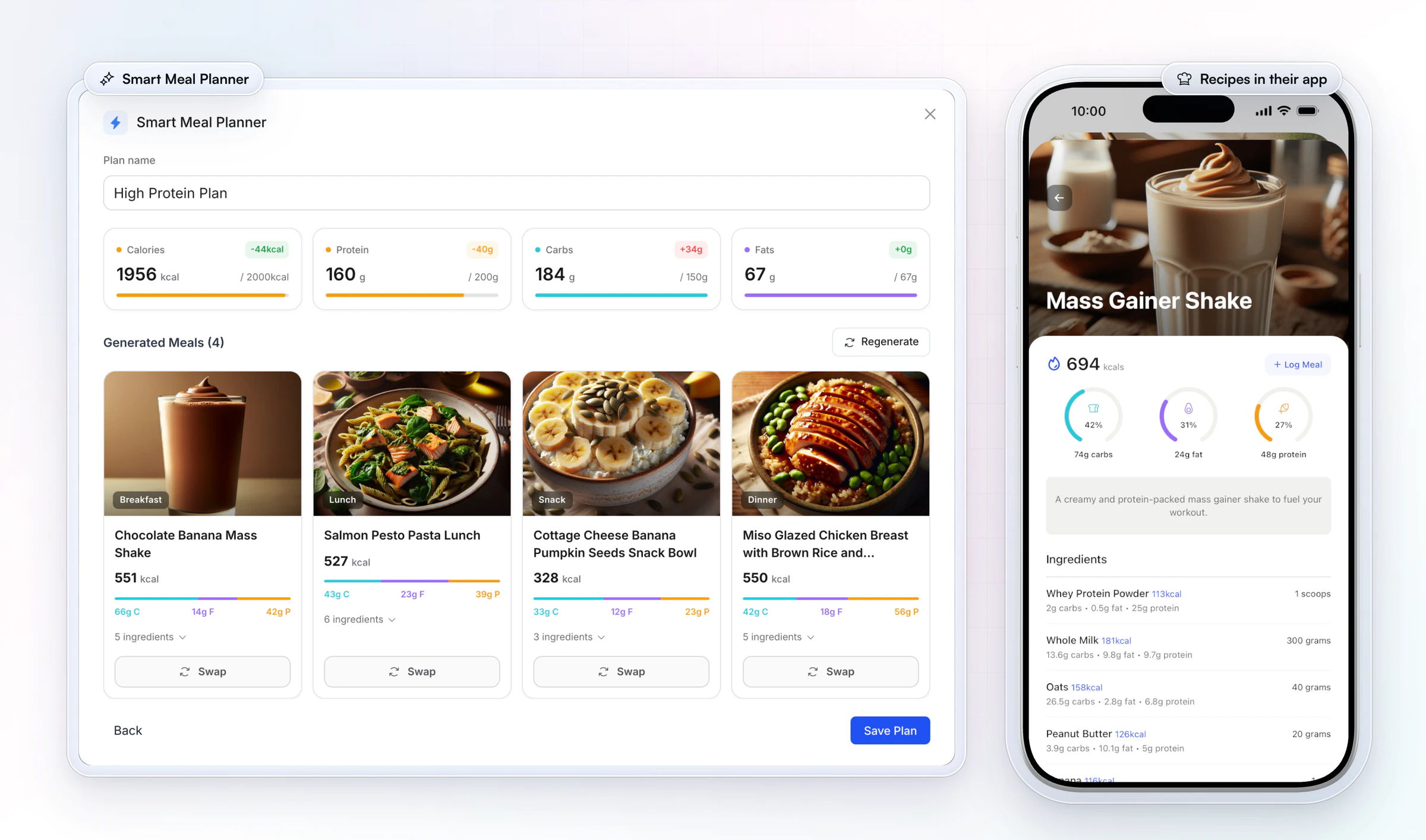 The Smart Meal Planner's high-protein plan with four meals and their macros, beside a client's phone showing a recipe card for a mass gainer shake with its calories and ingredients