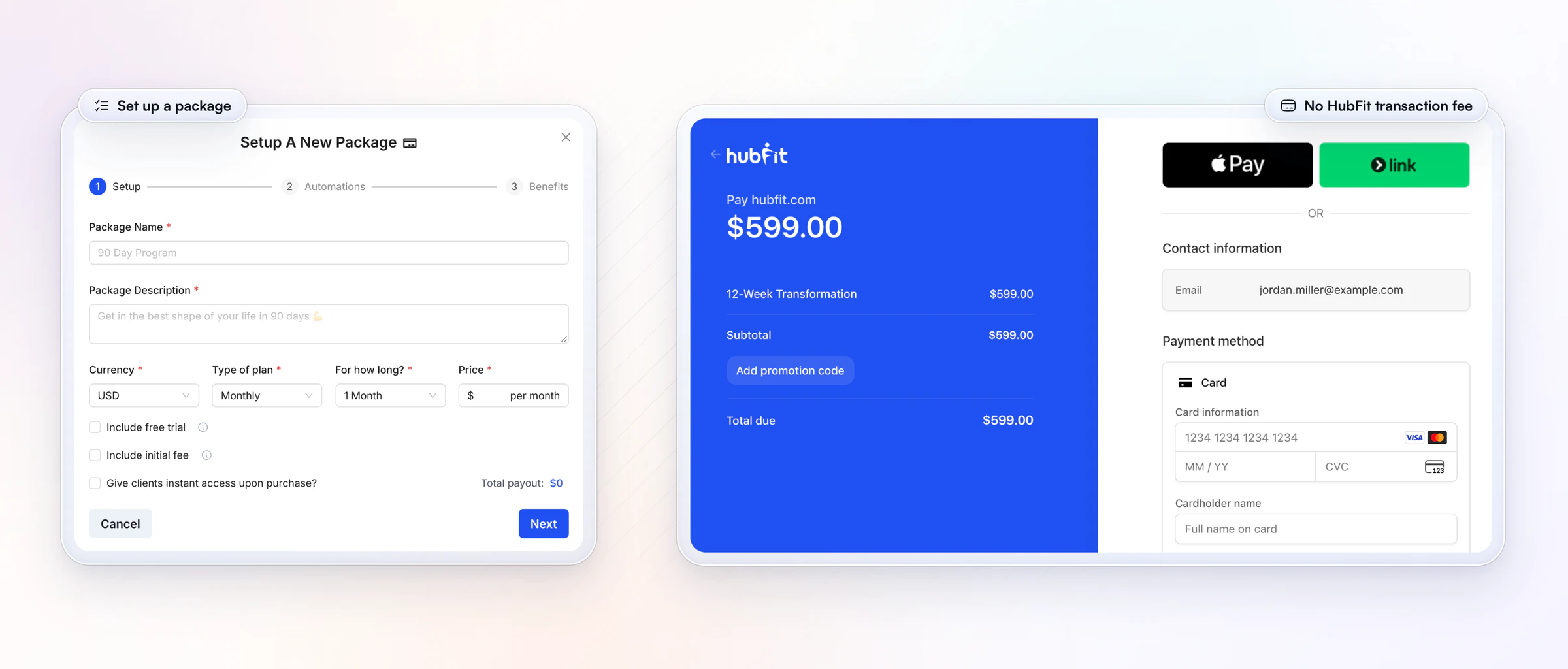 Setting up a coaching package in HubFit, with currency, plan type, duration and price, beside the checkout a client pays through for a $599 package, with Apple Pay and card
