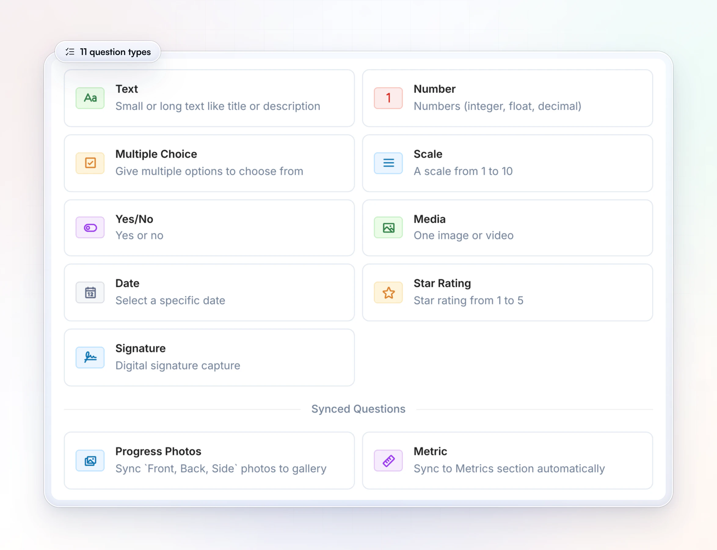 The Add Question window in a HubFit check-in form: text, number, multiple choice, scale, yes or no, media, date, star rating and signature, plus progress photos and metrics that sync automatically