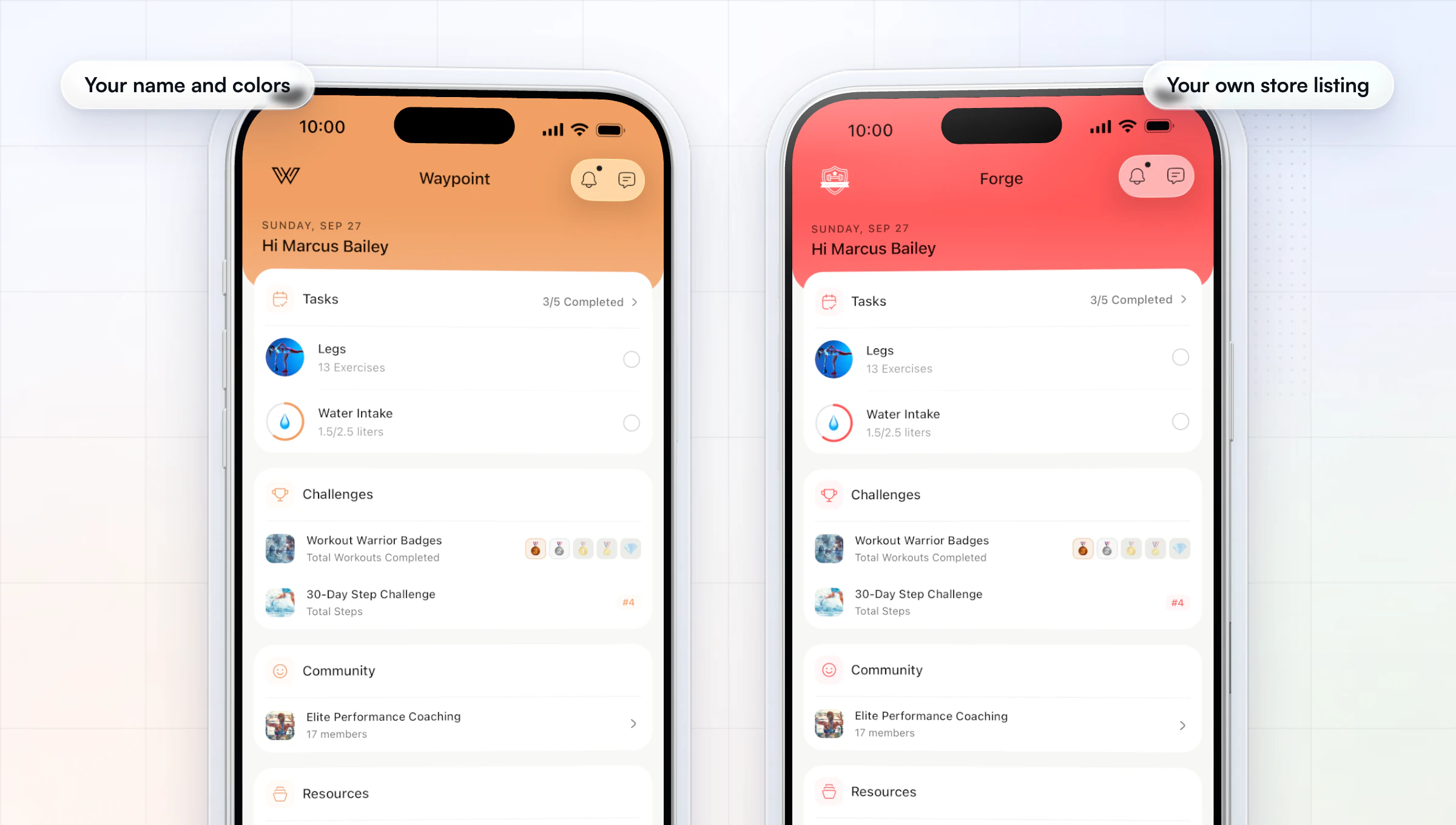 Two example branded apps on iPhones, Waypoint in orange and Forge in red, each with its own name, logo and colors on the client's home screen