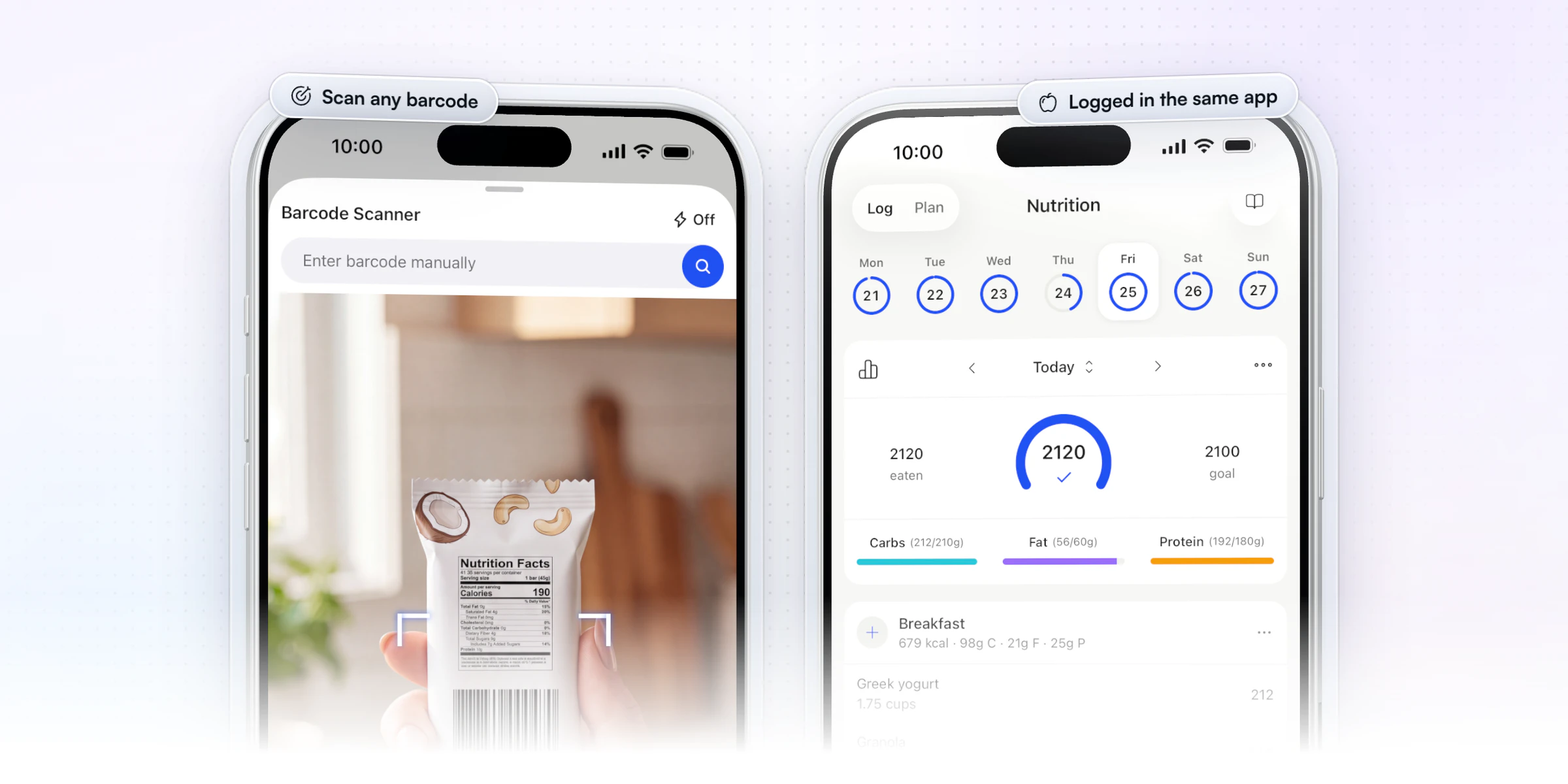 Food logging inside the HubFit client app on two iPhones: the barcode scanner reading a protein bar's barcode, and the day's food log with 2,120 calories eaten against a 2,100 goal, macros and breakfast
