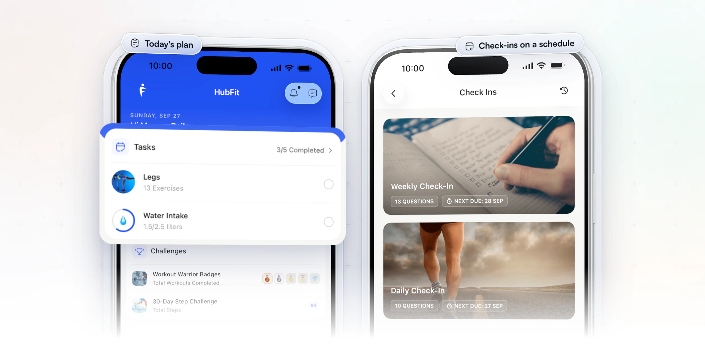 One app for the client's whole week on two iPhones: the HubFit home screen with today's tasks, a Legs workout and a water habit, lifted out, and the Check Ins tab with a weekly and a daily check-in, each with its next due date