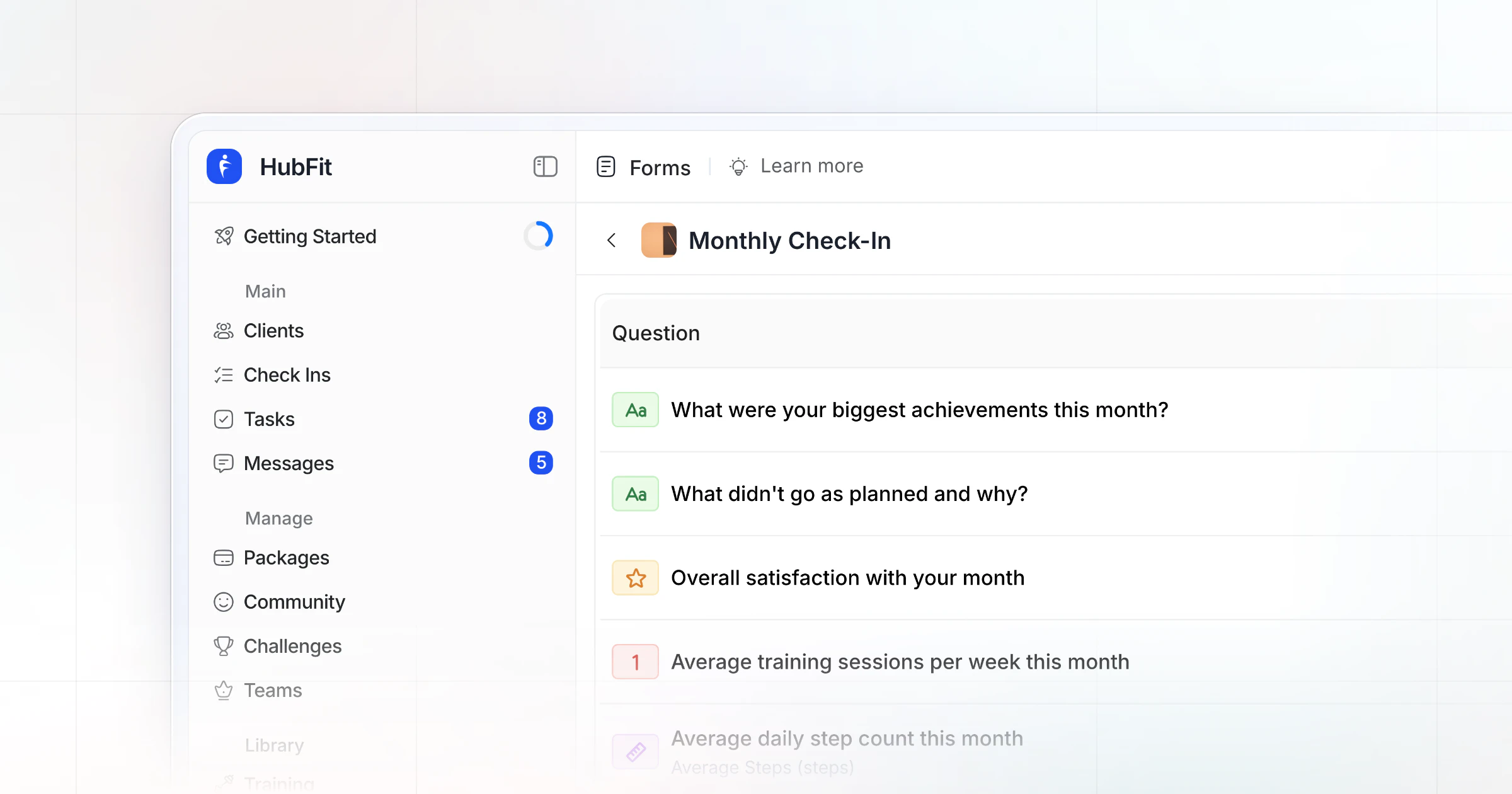 A weekly check-in form in HubFit's form builder on the web, its questions listed with their answer types