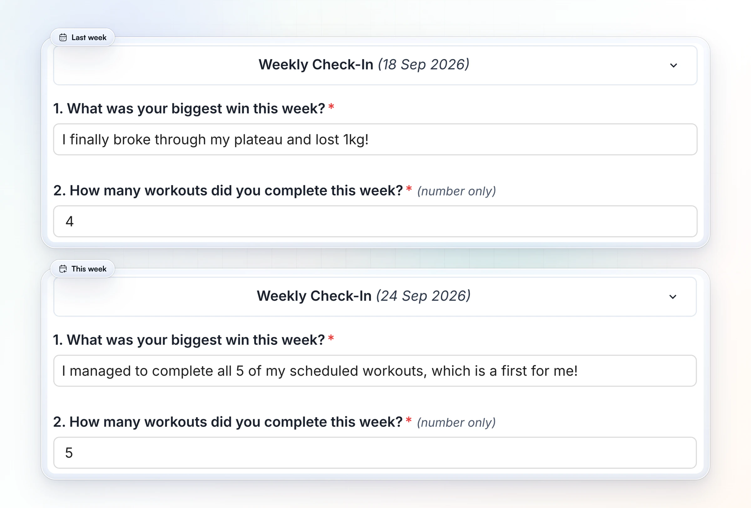 Two of a client's weekly check-ins compared side by side in HubFit: on 18 September the biggest win was breaking through a plateau with 4 workouts done, and on 24 September all 5 scheduled workouts were done for the first time