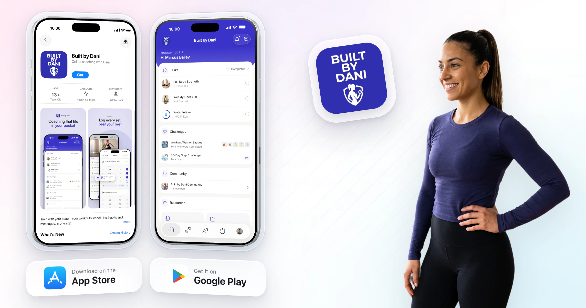 An example coach's own app, Built by Dani: its App Store page and the client app on two iPhones, the app icon in glass above App Store and Google Play badges, and the coach beside them