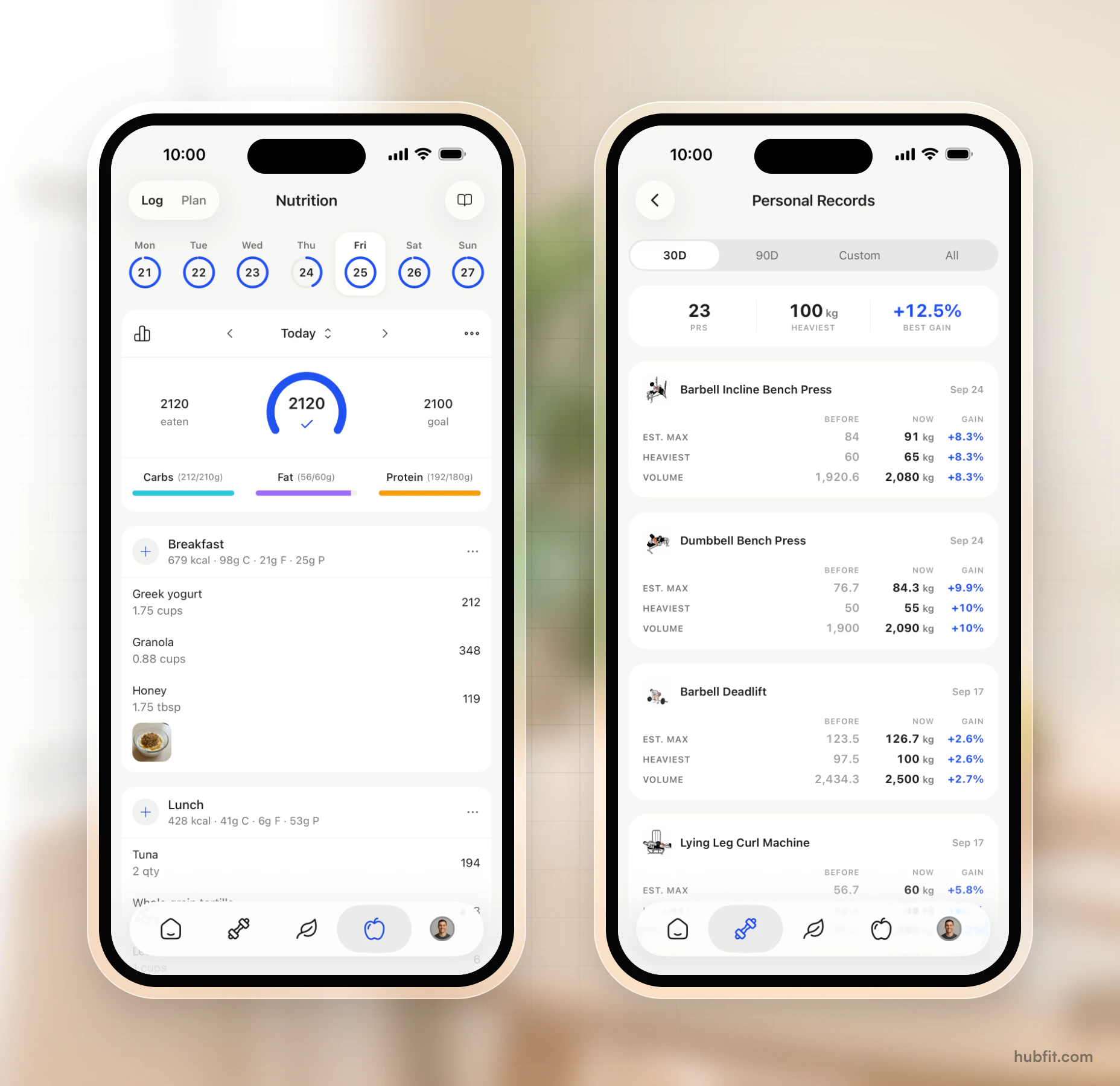 Two screens from the HubFit client app: a day's nutrition log at 2,120 of 2,100 calories with carbs, fat and protein bars, and a Personal Records page showing 23 PRs and a best gain of +12.5%