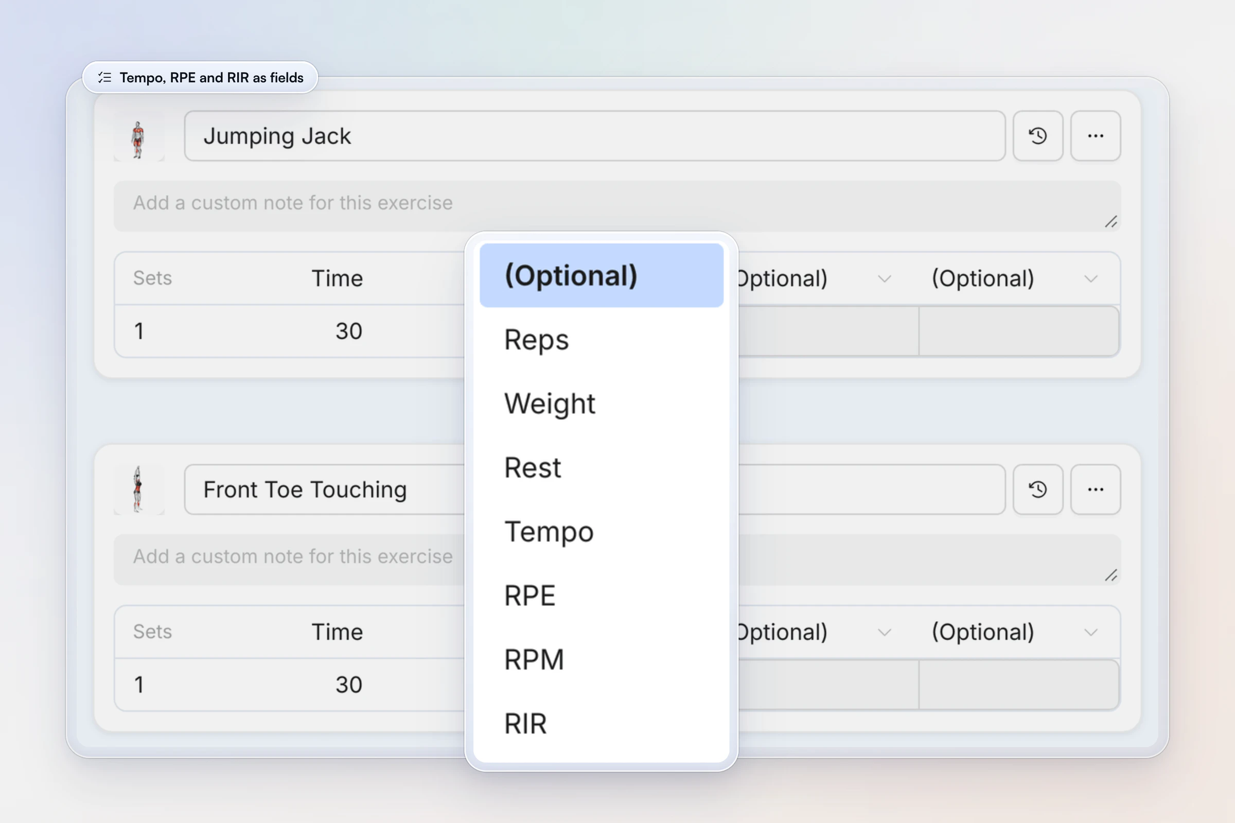 Editing a client's workout in the builder: jumping jacks and toe touches with sets and time, and the column menu open on Reps, Weight, Rest, Tempo, RPE, RPM and RIR, lifted out