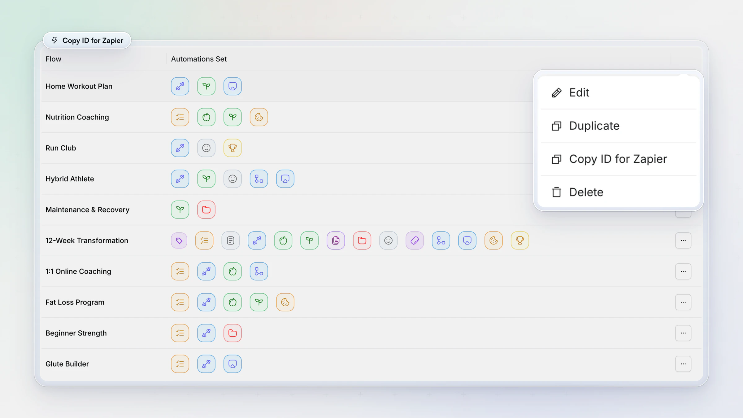 The Onboarding Flow page on the web, listing flows such as Home Workout Plan, Nutrition Coaching, Run Club and 12-Week Transformation with what each assigns, and a flow's menu open on Edit, Duplicate, Copy ID for Zapier and Delete