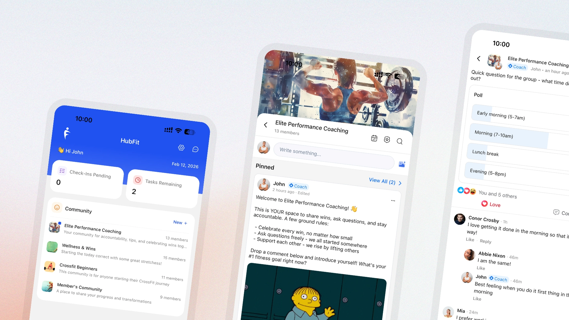 HubFit Community V2 feed showing pinned posts, polls, threaded replies, mentions, and reactions