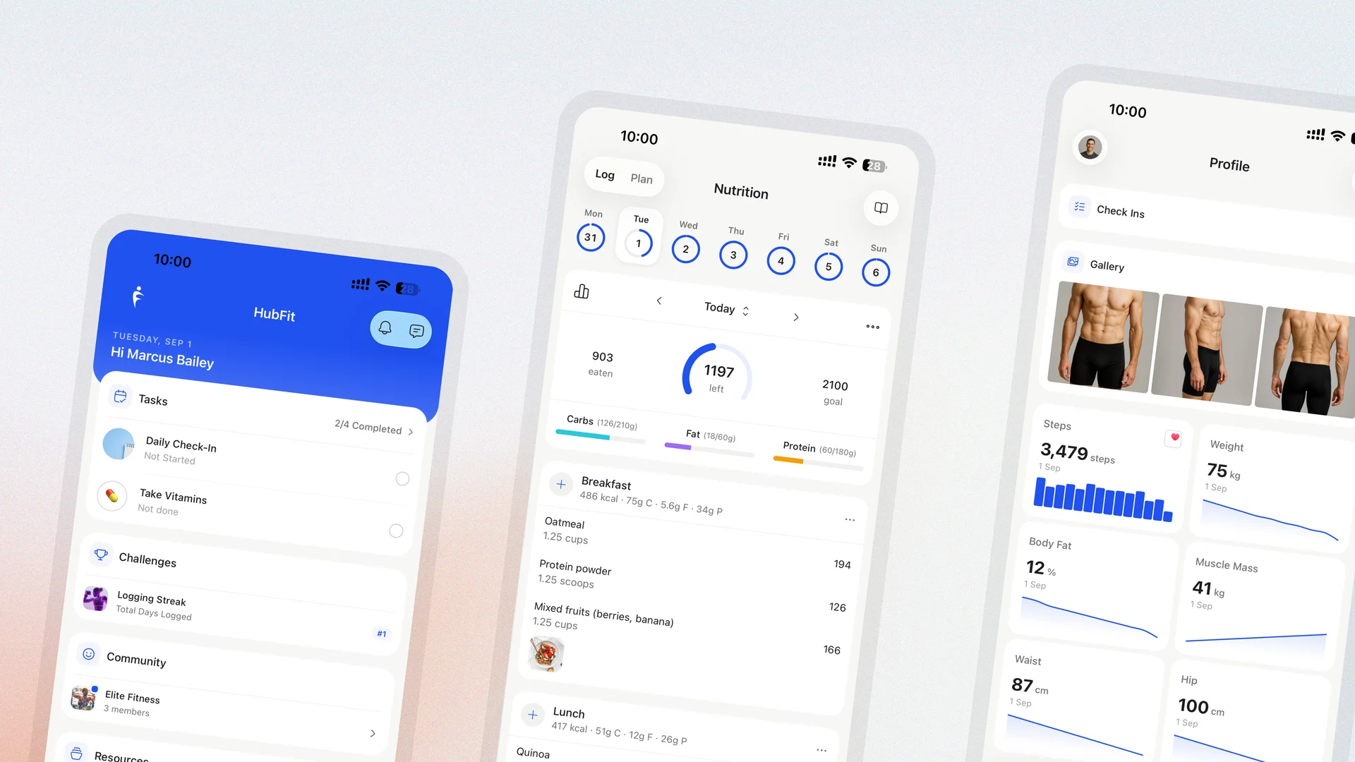 HubFit App 3.0 shown across three screens — the redesigned client home with tasks, challenges, and community, the rebuilt nutrition tracker with daily macro breakdown and logged meals, and the client profile with progress photos and body metrics