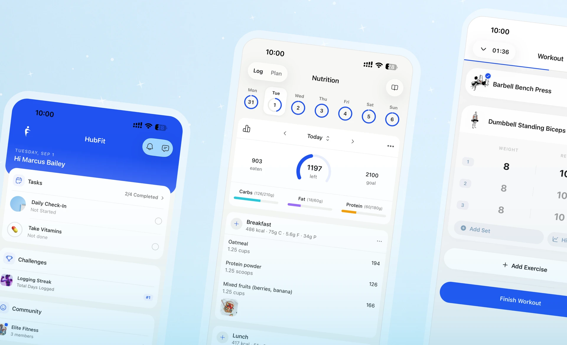The redesigned HubFit client app — home screen with tasks, challenges, and community, the nutrition tracker, and a live workout session