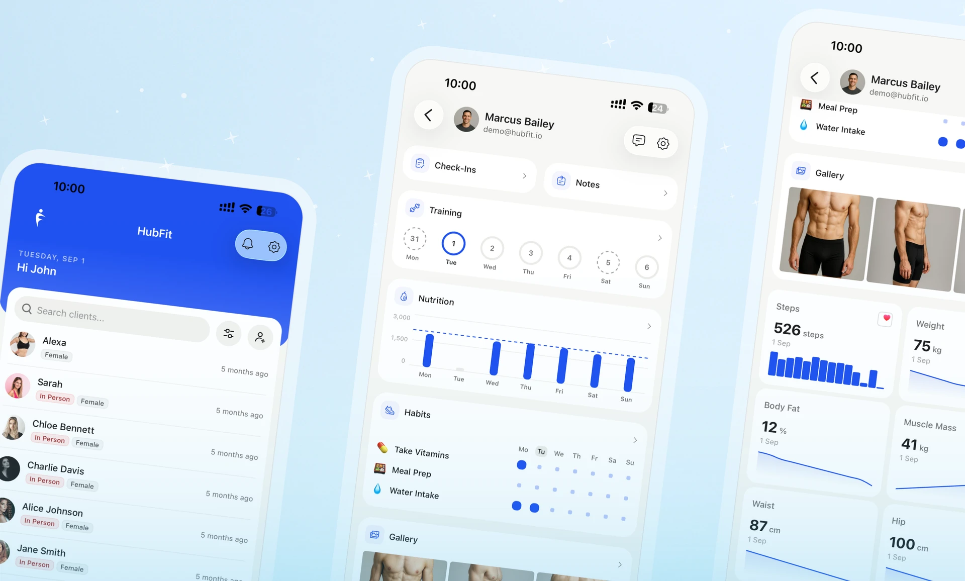 The redesigned HubFit coach app — client list, and a client overview showing check-ins, notes, training, nutrition, habits, gallery, and metrics