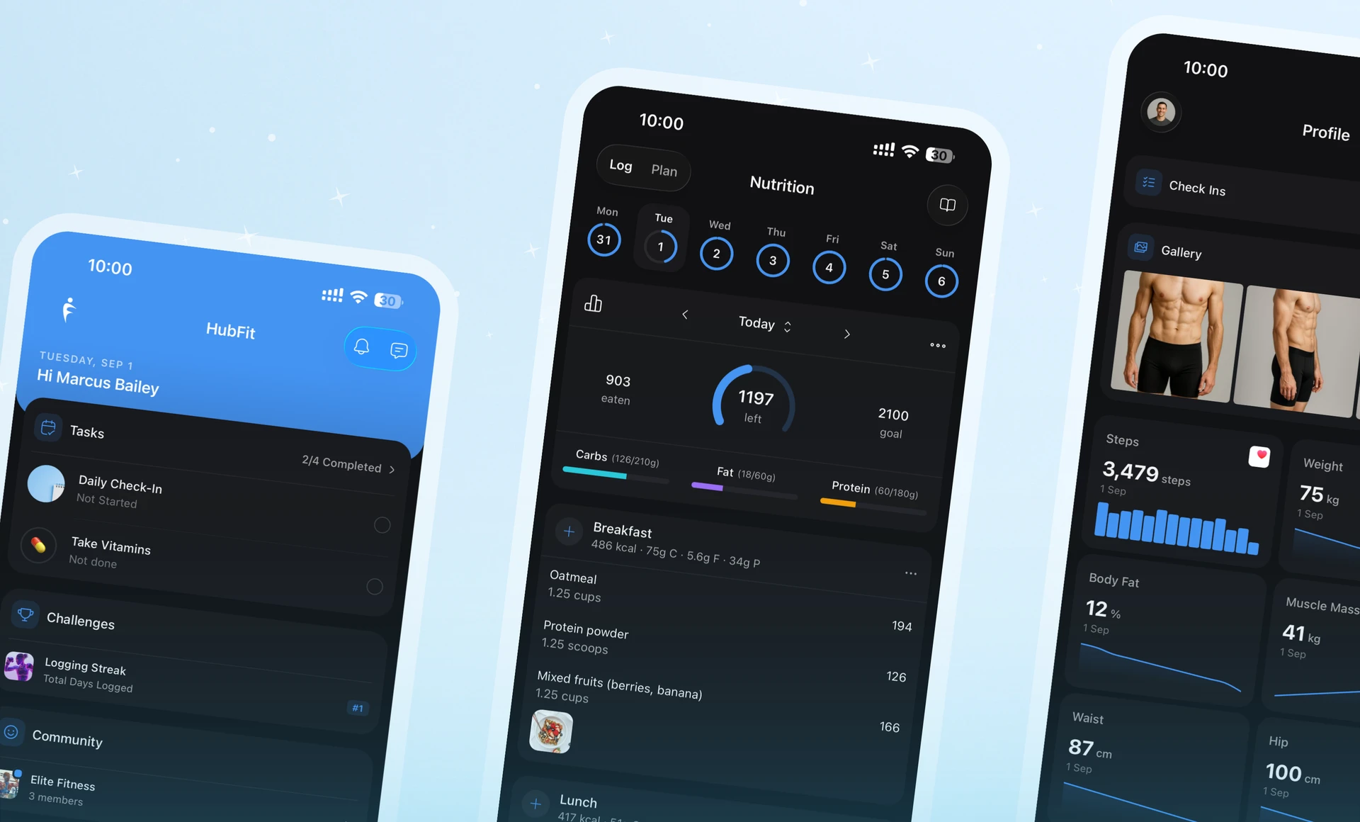HubFit client app in dark mode — home, nutrition tracker, and profile screens