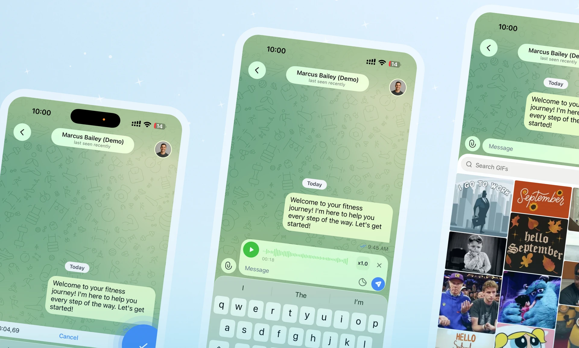 The rebuilt messaging experience — new chat design, voice note recording and playback, and GIF search