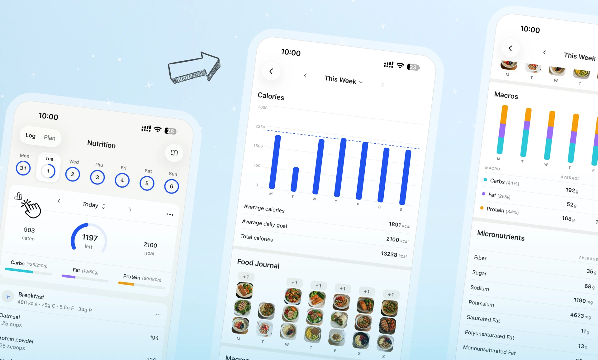 The rebuilt nutrition tracker and the new nutrition breakdown — weekly calories, food journal photos, macro split, and micronutrients