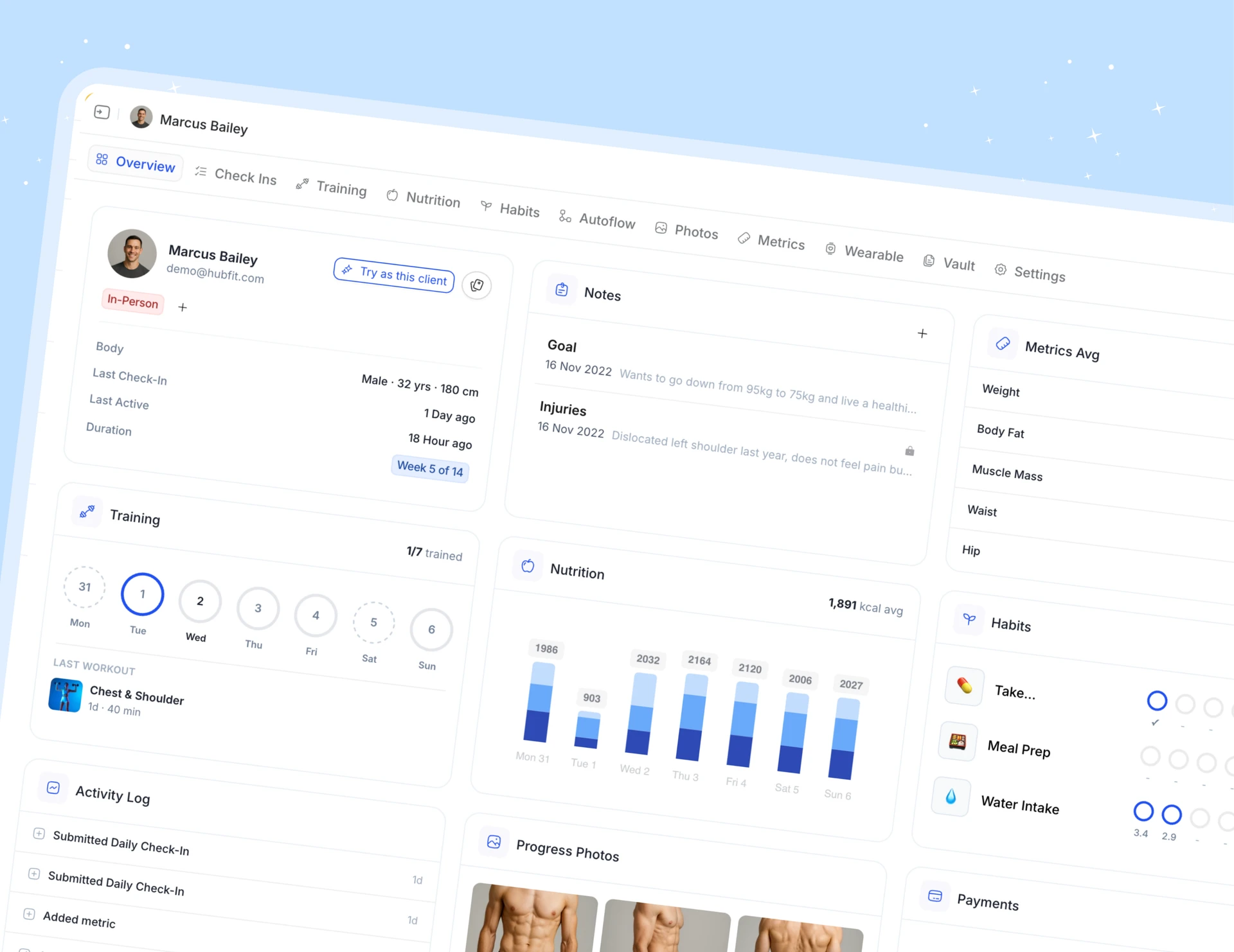 The redesigned client dashboard on the web — weekly overview of training, nutrition, habits, metrics, notes, activity log, and progress photos