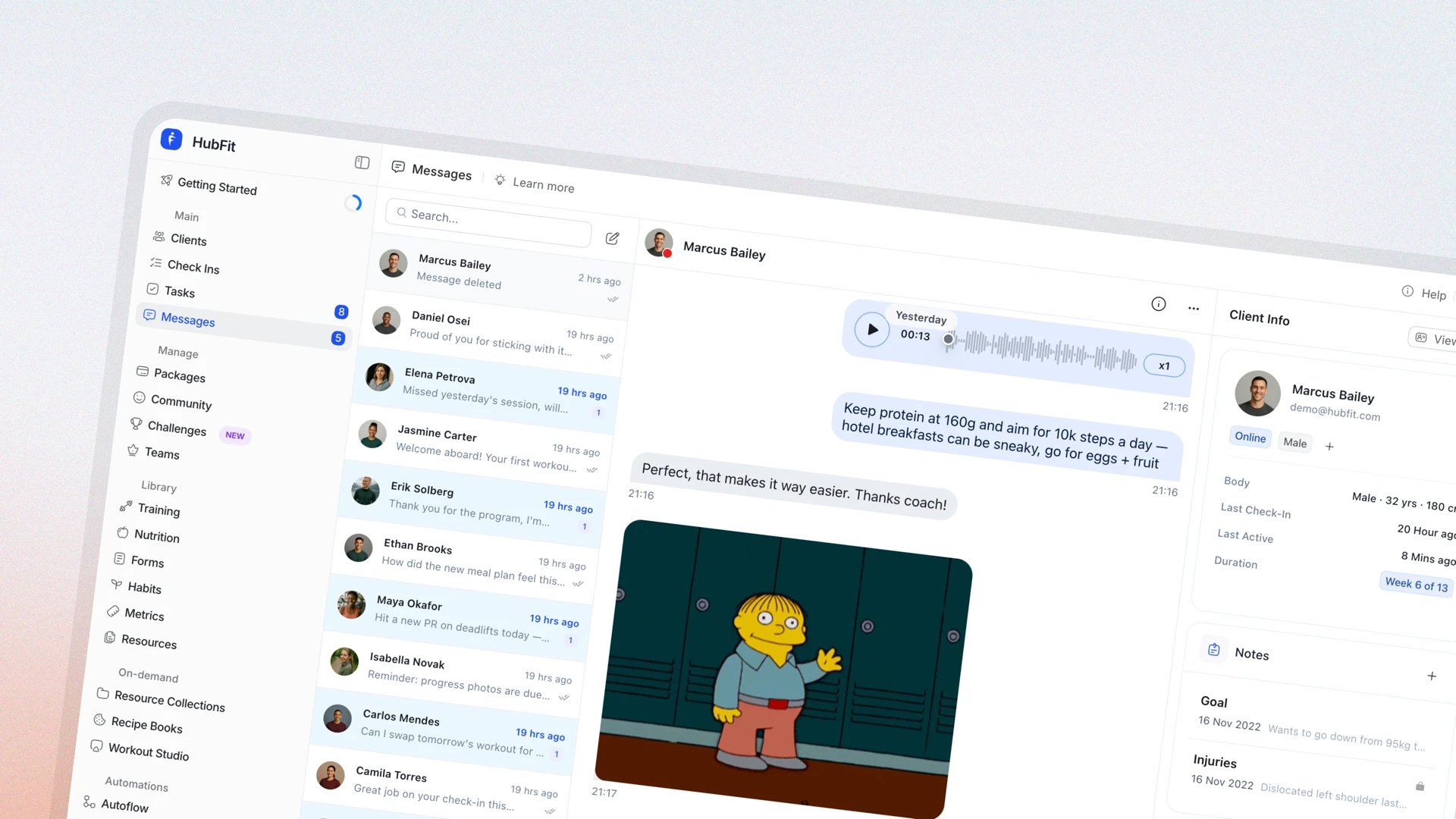 HubFit web messaging showing the conversation list, a chat with a voice note and photo, and the client info panel with notes alongside it