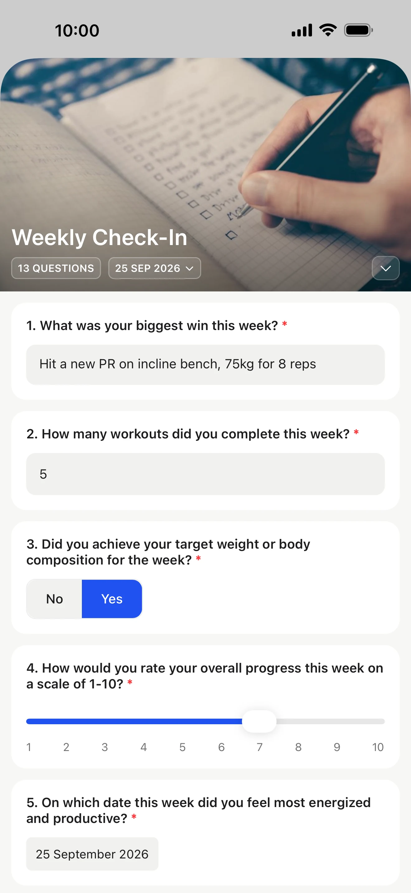 A daily check-in form in the HubFit client app