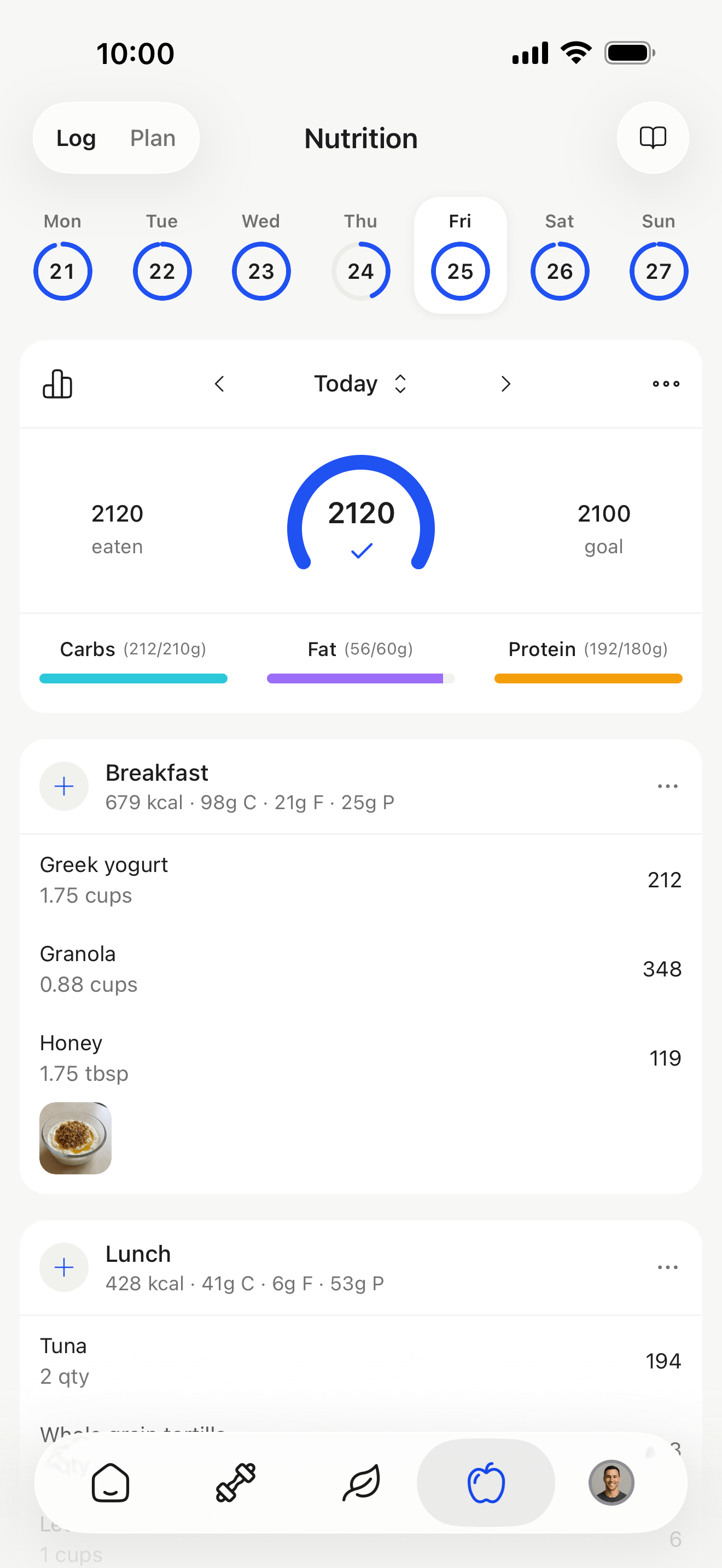 The HubFit nutrition tracker with the day's calories and meals