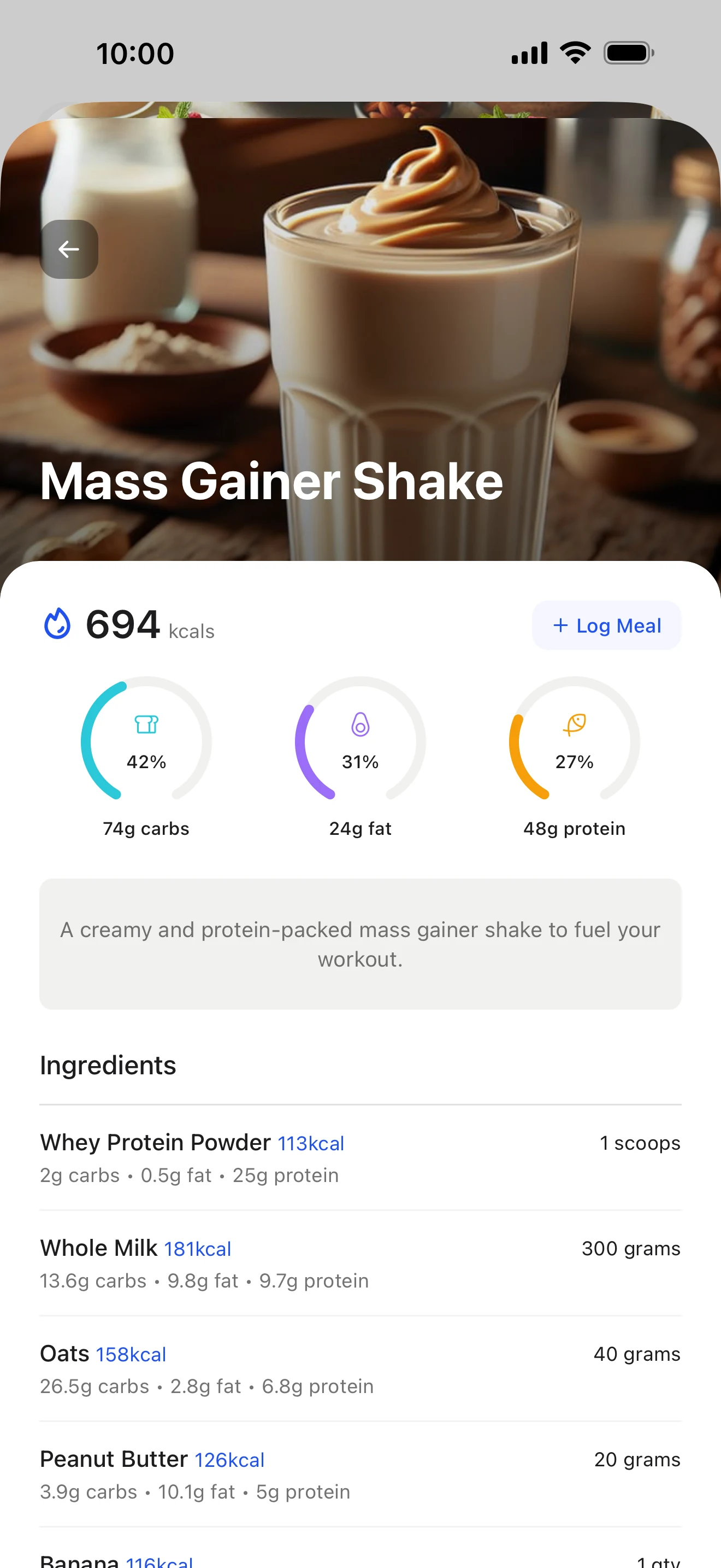 A recipe with its calories and macros in the HubFit client app