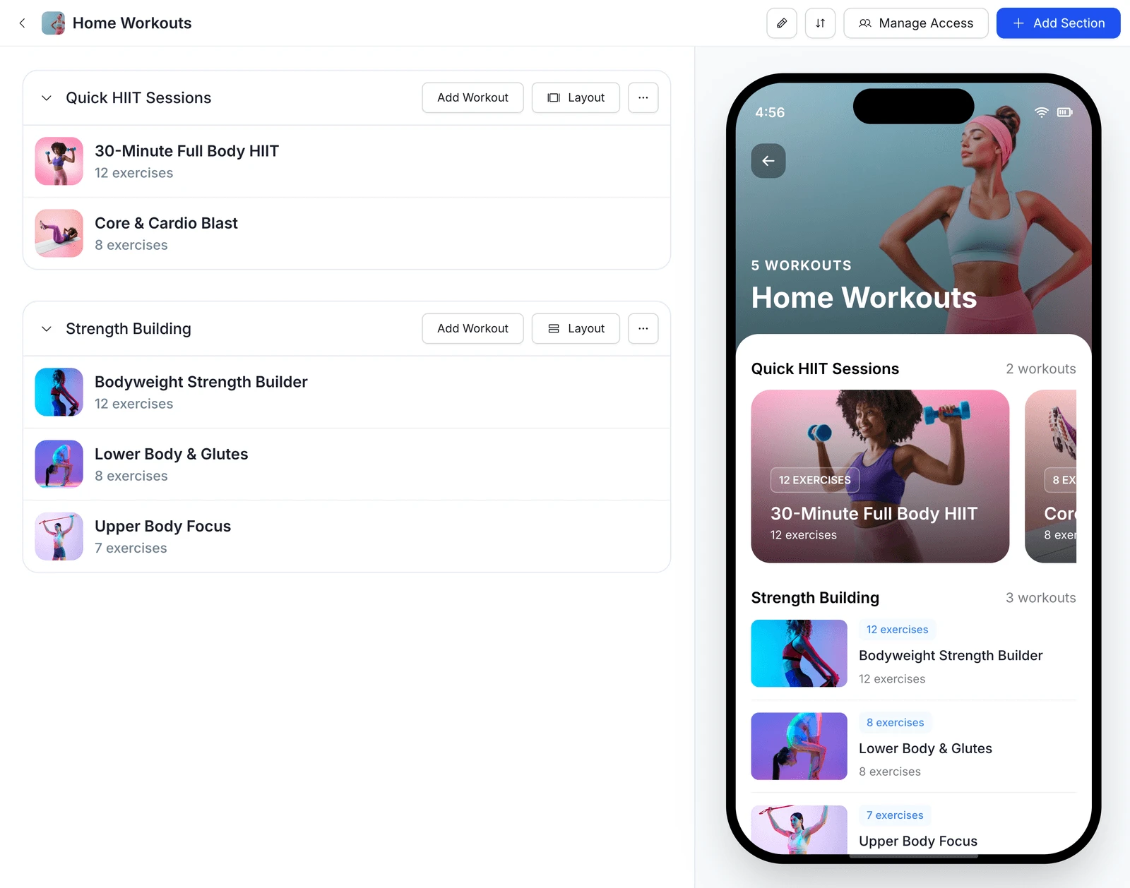 HubFit workout studio live builder preview