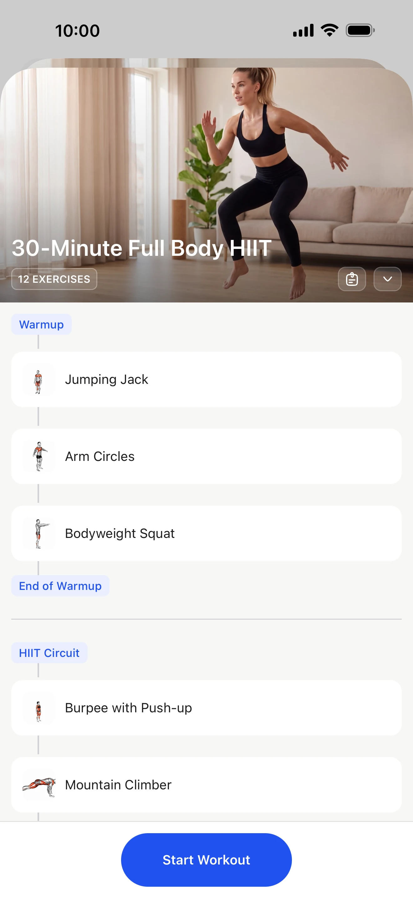 A workout with its exercises in the HubFit client app